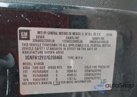 2007 Chevrolet Avalanche 1500 Ltz z USA, uszkodzony, nr VIN 3GNFK12Y07G208468